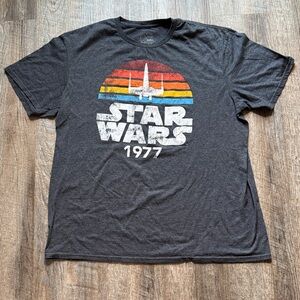 MAD Engine Charcoal Star Wars 1977 Graphic Tee with Retro Stripe X‑Wing